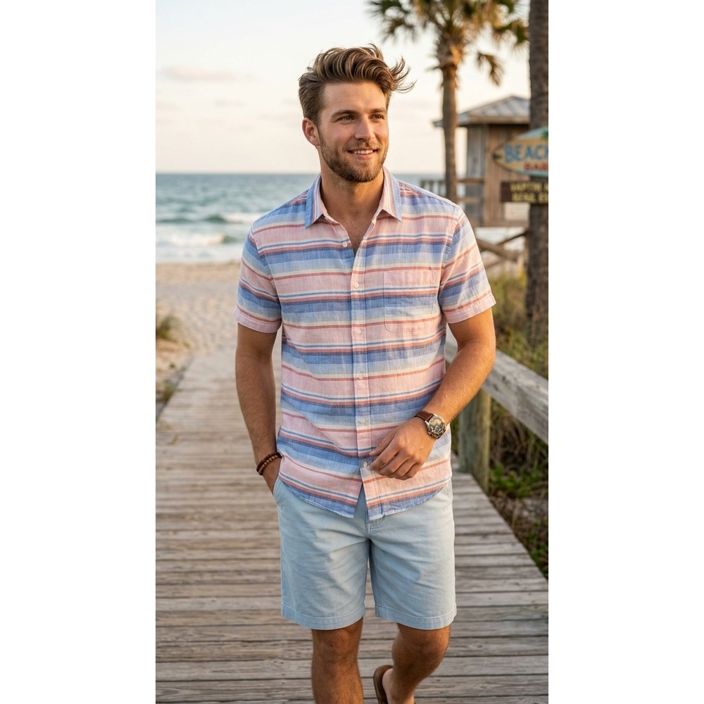 PLACE Mens XXL Button Down Shirt Red White Blue Striped Short Sleeve Regular Fit